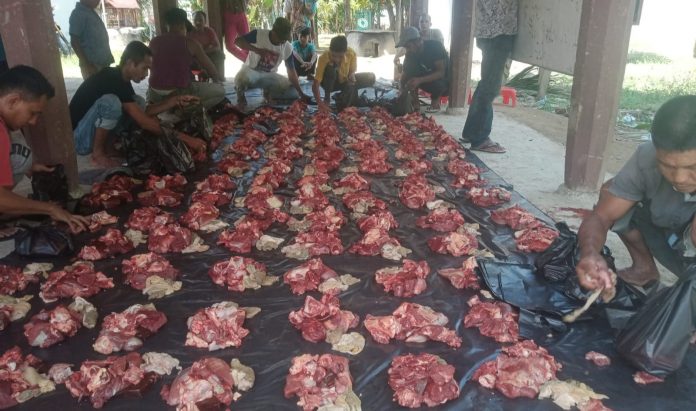 Tumpukan daging meugang yang akan dibagikan untuk 155 KK di Gampong Uteun Rungkom, Jumat, 8 Juli 2022. Sumber foto: Kuya.